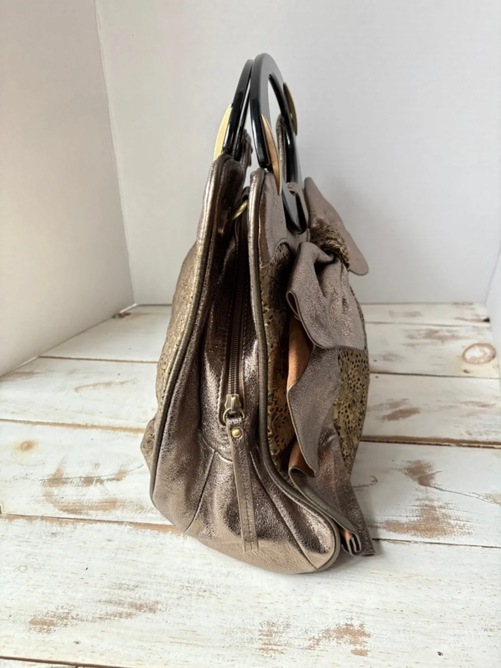 SHARIF Rare leather Bow satchel vintage style bronze copper metallic purse chic